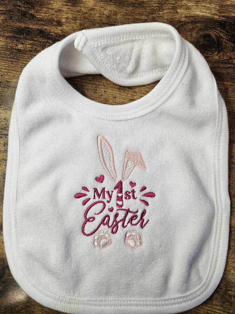 1ST Easter Bib $15 can be done in purples, greens and blue colours